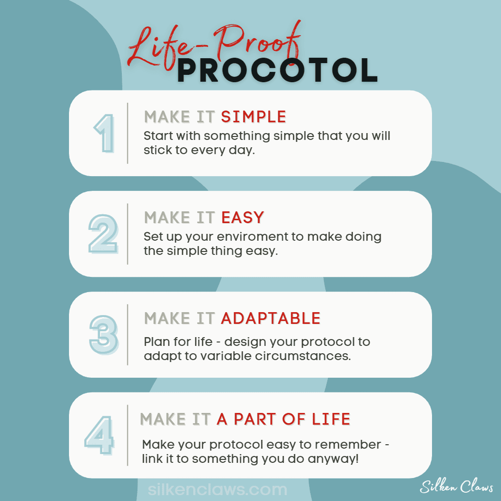 A graphic illustration showing four key principles for setting effective protocols in a BDSM dynamic: Keep it Simple, Make it Easy, Life-proof Your Protocol, and Make it Obvious.